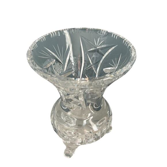 Vintage Bohemian Heavy Hand Cut 3 Footed Crystal Vase 5.75”H Clear Gift Feet - Picture 8 of 16